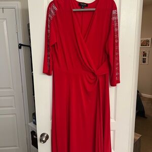 Alex Evenings Red Long Sleeve Wrap Dress with Embellished Sleeves
